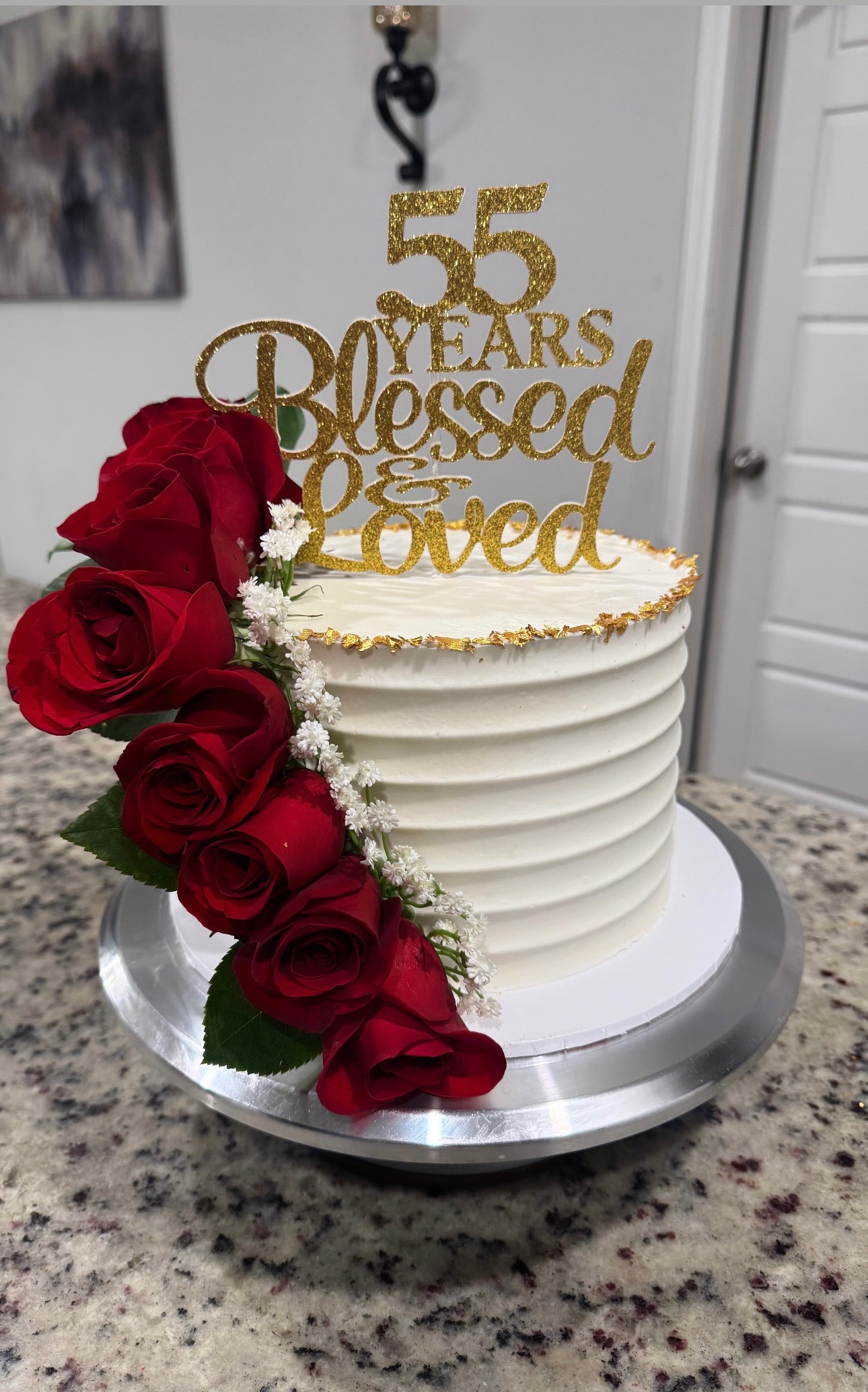 55th anniversary cake with red roses