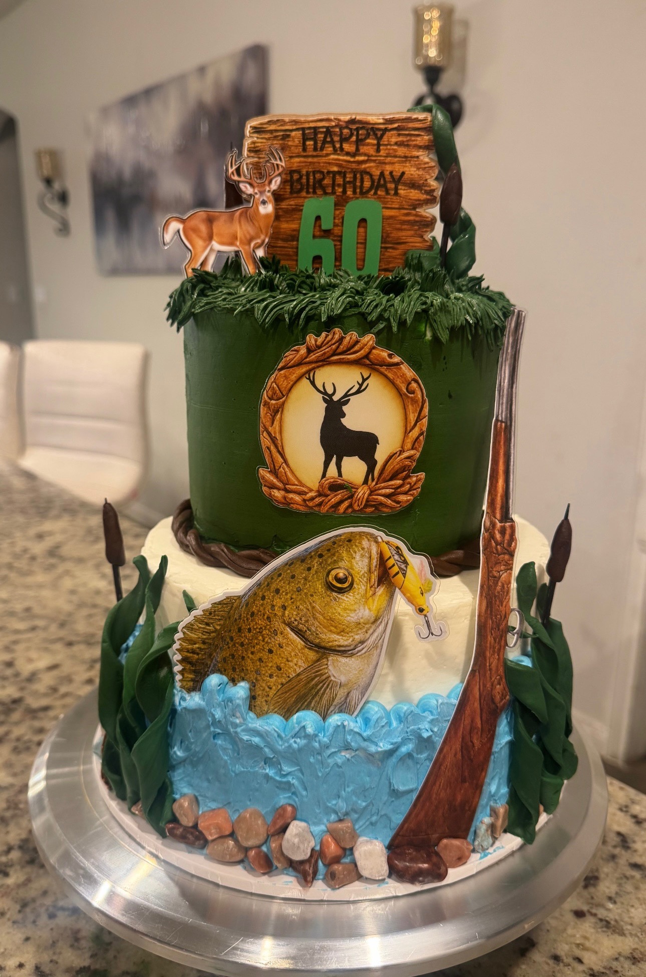 Hunting and fishing themed cake